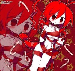 1girls antenna_hair bow breasts candy_cane christmas empty_eyes female female_only funamusea funamusea_(artist) gift_wrapped large_breasts lobco lobster_girl lobster_tail official_art red_eyes red_hair solo solo_female source_request suggestive wadanohara_and_the_great_blue_sea wrapped