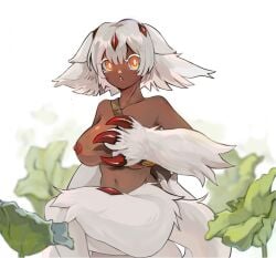 3_fingers aged_up amber_eyes animal_ears anthro big_breasts breasts_out claws dark-skinned_female dark_skin enemytal faputa female female_only fluffy_ears fluffy_hair fur goggles_around_neck humanoid looking_at_viewer made_in_abyss monster_girl moth_girl narehate short_hair solo white_fur white_hair