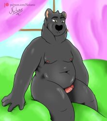 anthro bear erection fur genitals grey_body grey_fur hi_res humanoid_genitalia humanoid_penis looking_down male mammal morning notamo overweight overweight_anthro overweight_male penis pink_penis solo wake_up