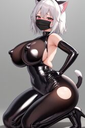 ai_generated big_ass big_breasts black_latex bodysuit caelxn cat_ears cat_tail catgirl latex latex_armwear latex_breasts latex_nipples mask nipples_visible_through_clothing short_hair stable_diffusion white_hair