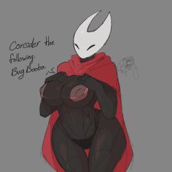 1girls big_breasts black_body black_skin cape cloak crowsdome female functionally_nude hand_on_breast hand_on_own_breast hands_on_breasts hollow_knight hornet_(hollow_knight) mask mouthless nipples no_mouth red_cape solo solo_female thigh_gap wide_hips