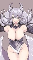 1girls armored_dress artist_request duel_monster female female_only huge_breasts labrynth_of_the_silver_castle lady_labrynth_of_the_silver_castle licking light-skinned_female light_skin looking_at_viewer lovely_labrynth_of_the_silver_castle smile solo white_hair wings yu-gi-oh!