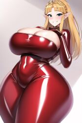 ai_generated blonde_hair blue_eyes cleavage curvaceous curvy curvy_figure gigantic_breasts hand_on_own_chest huge_breasts huge_cleavage huge_hips latex long_hair looking_at_viewer nai_diffusion princess_zelda red_latex red_latex_suit seductive_smile shiny_clothes shiny_hair shiny_skin stable_diffusion the_legend_of_zelda thick_thighs thunder_thighs voluptuous wide_hips