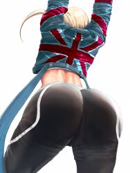 1girls ass ass_focus blonde_hair bubble_ass bubble_butt cammy_stretch cammy_white capcom dat_ass female female_only from_behind from_below fully_clothed highres huge_ass jacket pants plain_background shirt short_hair solo street_fighter street_fighter_6 stretching sweatpants thighs tight union_jack varbecrank white_background white_shirt