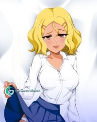 1girls 2d 2d_(artwork) :3 anime blonde_hair bodypillow brown_eyes clothed clothing dakimakura fanart female female_focus female_only full_color fully_clothed looking_at_viewer medium_hair mitgard-knight no_penetration no_sex oppai please_don't_bully_me,_nagatoro revealing_clothes sakura_(nagatoro) simple_background skirt skirt_lift solo solo_female tan tan_skin tanned waifu2x white_background