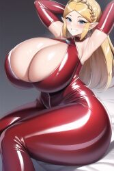 ai_generated blonde_hair blue_eyes cleavage curvaceous curvy curvy_figure gigantic_breasts hand_behind_head huge_breasts huge_cleavage huge_hips latex long_hair looking_at_viewer nai_diffusion princess_zelda red_latex red_latex_suit seductive_smile shiny_clothes shiny_hair shiny_skin stable_diffusion the_legend_of_zelda thick_thighs thunder_thighs voluptuous wide_hips