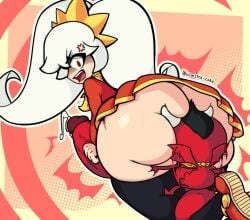 1boy 1girls anger_vein angry ashley_(warioware) ass balls clothing cum demon face_in_ass huge_ass huge_balls huge_cock mario_(series) nintendo no_panties penis precum red_(warioware) stockings tagme thighs twintails warioware white_hair wonster-chan