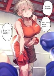 1futa 1other ayanakitori bare_shoulders bedroom_eyes big_breasts big_penis blue_boxing_gloves blue_gloves blue_shorts boxing boxing_gloves boxing_ring breasts cleavage clothed clothing decensored dialogue edited english_text erection eyebrows_visible_through_hair futa_focus futanari gloves green_eyes half-closed_eyes human imminent_rape knocked_out large_penis leaning_forward light-skinned_futanari light_skin low-angle_view midriff mostly_clothed penis penis_out platinum_blonde_hair pov red_boxing_gloves red_gloves red_shorts red_sports_bra sandy_blonde_hair shorts shoulder_length_hair smirk solo_focus speech_bubble sports_bra standing submissive_pov taker_pov text thick thick_hips thick_thighs translated uncensored wide_hips