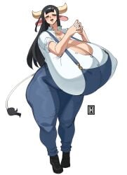 1girls bangs black_hair blush cleavage cow_ears cow_girl cow_horns cow_tail female female_only full_body gigantic_breasts horns huge_breasts long_hair looking_at_viewer narrowed_eyes nipple_bulge orange_eyes original overalls smiling smiling_at_viewer solo tail tanya_(thehelmetguy) thehelmetguy thick_thighs very_high_resolution white_background