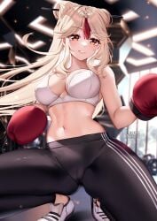 1girls boxing_gloves breasts female genshin_impact gloves indoors large_breasts long_hair ningguang_(genshin_impact) platinum_blonde_hair red_boxing_gloves red_eyes red_gloves smile sports_bra sportswear squchan thighs yoga_pants