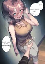 1futa against_wall aqua_eyes ayanakitori blush breasts brown_hair bulge_rubbing cleavage clothed clothing cum cum_in_clothes cum_in_pants cum_through_clothes dialogue edited ejaculation ejaculation_under_clothes english_text fully_clothed futa_focus futanari futasub handjob handjob_over_clothes human light-skinned_futanari light_skin male off_screen_character orgasm photoshop ponytail_over_shoulder pov premature_ejaculation sleeveless_shirt solo_focus speech_bubble standing text third-party_edit through_clothes translated unseen_male_face