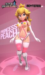 1girls bikini blonde_hair breasts clothing crisisbeat crown elbow_gloves female female_only full_body gloves long_hair mario_(series) nipple_shield pink_socks princess_peach revealing_clothes smile socks solo standing super_smash_bros. tall_boots thigh_socks thighhighs thighs white_socks