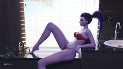 1girls 3d 61cent alternate_version_available amelie_lacroix areolae ass athletic athletic_female big_ass blender blizzard_entertainment breasts dark_blue_hair detailed_background female female_focus female_only highres lingerie long_hair looking_at_viewer medium_breasts nipples overwatch overwatch_2 pose posing purple_body purple_skin seductive seductive_look seductive_smile solo solo_female solo_focus tattoo thong widowmaker yellow_eyes