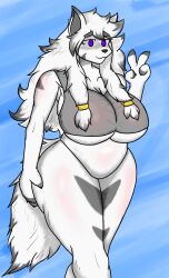 big_breasts breasts fur furry long_hair peace_sign shift_bloxx tail tank_top thick_thighs thighs underboob white_fur white_hair