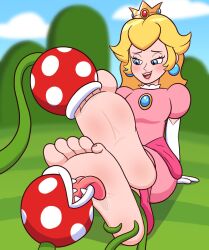 1girls blonde_hair chubs_uwu crown earrings enjoyment feet female foot_fetish licking_foot mario_(series) no_shoes pink_dress pink_nails piranha_plant princess_peach soft_feet soles sucking_toes super_mario_bros.