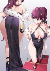 1girls ass bangs bare_shoulders big_ass black_dress breasts closed_mouth collarbone criss-cross_halter dat_ass dolla_(dark_rose)_(nikke) dolla_(nikke) dress drink earpiece earrings female female_only female_pubic_hair frown gloves goddess_of_victory:_nikke gradient_background halter_dress halterneck heels jewelry long_hair looking_at_viewer mole mole_under_eye no_panties official_alternate_costume ponytail purple_eyes purple_hair shadow_cat shiny_skin shoes solo standing thick_thighs thighs