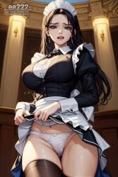 ai_generated angry big_breasts black_eyes black_hair cleavage cleavage_cutout disgusted ee222_aiart frown imminent_sex lifted_by_self lifting_skirt maid maid_apron maid_dress maid_headdress maid_outfit maid_uniform panties presenting showing_panties skirt_lift skirt_pull skirt_up stable_diffusion