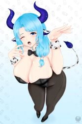 1girls animal_ears blue_hair bunnysuit cow_ears cow_girl cow_horns female female_only gartsx indie_virtual_youtuber light-skinned_female light_skin miilkywayz one_eye_closed pantyhose solo virtual_youtuber wink