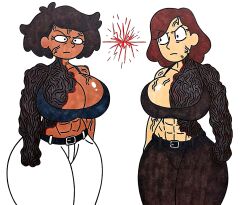 amphibia big_breasts black_eyes breasts brown_hair brown_skin brown_skinned_female haggardnanachi hilda_(series) jeans johanna_(hilda) large_breasts light-skinned_female light_skin mrs._boonchuy muscular_female nanomachines oum_boonchuy pants slippery_little_bastard straight_hair