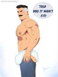 invincible invincible_(tv_series) looking_at_viewer male_only muscular_male mustache nolan_grayson omni-man penis_bulge reiner55 short_hair solo_male speech_bubble text tight_clothing tight_fit topless_male