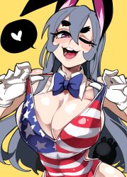 1girls absurd_res american_flag big_breasts bongfillstudent bunny_ears bunny_girl bunny_industry_(bongfillstudent) detached_collar eyelashes female female_only gloves grey_hair leotard leotard_pull light-skinned_female light_skin long_hair looking_at_viewer neck_ribbon open_mouth purple_eyes smiling smiling_at_viewer solo spoken_heart tank_bunny_(bongfillstudent) thick_eyebrows upper_teeth wink winking_at_viewer yellow_background