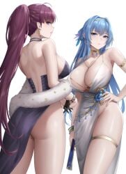 2girls ass bangs bare_shoulders big_ass big_breasts black_dress blue_eyes blue_hair breasts busty closed_mouth collarbone criss-cross_halter dat_ass dolla_(dark_rose)_(nikke) dolla_(nikke) dress earpiece earrings feather_in_hair female female_only frown gloves goddess_of_victory:_nikke halter_dress halterneck hands_on_hips helm_(chandelier)_(nikke) helm_(nikke) jewelry kuronerinka light-skinned_female light_skin long_hair looking_at_viewer mole mole_under_eye no_panties official_alternate_costume ponytail purple_eyes purple_hair shiny_skin standing thick_thighs thighs white_dress