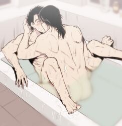 2boys bath bathing bathroom bathtub black_hair blush completely_nude gaolang_wongsawat gay hair_down hand_on_another's_head implied_sex kengan_(series) kengan_ashura kissing male male_only muscular muscular_male nude partially_submerged spread_legs ueno_(pixiv) wet_skin yaoi yoroizuka_saw_paing