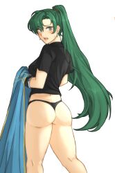 1girls absurdres ass bare_legs big_ass black_gloves black_panties black_shirt blue_dress blush breasts commentary dress dress_removed earrings feet_out_of_frame female female_only fire_emblem fire_emblem:_the_blazing_blade from_behind gloves green_eyes green_hair hair_between_eyes highres jewelry large_breasts long_hair looking_at_viewer looking_back lyn_(fire_emblem) meme nintendo open_mouth panties ponytail shirt short_sleeves solo standing stripping thighs transparent_background tridisart twitter_strip_game_(meme) underwear undressing very_long_hair