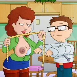 1boy 1girls american_dad areola areolae background big_breasts boner_in_pants breasts bulge clothed_female clothing diklonius edit esther_lonstein female glasses huge_breasts jeans kitchen large_areolae large_nipples male milf miniskirt nerd older_female one_breast_out red_hair skirt steve_smith stockings sweater younger_male