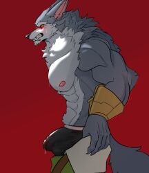 anthro balls blush bodily_fluids bottomwear bulge canid canine canis clothing genital_fluids genitals hi_res humanoid league_of_legends looking_at_viewer male male_only mammal muscular muscular_male nipples pants pecs precum riot_games scar smile solo tight_pants_(meme) warwick warwickislovely wolf