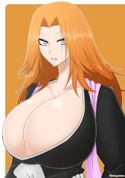 1girls axel_persona big_breasts bleach blue_eyes breast_focus breasts cleavage female female_only hair huge_breasts large_breasts long_hair matsumoto_rangiku mole mole_under_mouth necklace neckwear orange_hair solo solo_female