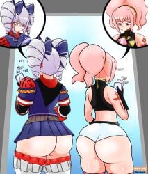 2girls anya_alstreim big_ass bronya_zaychik cellphone clothed code_geass crossover fat_ass female female_only honkai_(series) horndog_(artist) imminent_sex multiple_girls tagme