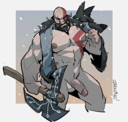 arts_of_indiego axe bald balls bara battle_axe beard body_markings eye_scar facial_hair god_of_war grey_skin kratos looking_at_viewer male male_only mostly_nude muscles muscular nude penis semi-erect snow solo solo_male weapon