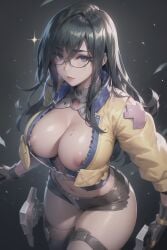ai_generated areola_slip black_hair blue_eyes breasts edosynf female from_above glasses highres killjoy_(valorant) large_breasts long_hair looking_at_viewer navel short_shorts shorts solo sparkle thighs valorant