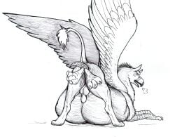 anal anal_vore animal_genitalia ass avian balls belly big_belly dinosaur duo feral feral_only feral_pred genitals gryphon gryphon_pred hi_res looking_at_viewer male male_pred mythological_avian mythology paws raised_tail reptile same_size_vore scalie sheath tail thatgryphonguy traditional_media_(artwork) vore wings