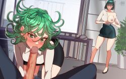 1boy 2girls areolae big_breasts blowjob blush bottomwear breasts censored censored_penis computer dark_green_hair fellatio female female_focus fubuki_(one-punch_man) green_eyes green_hair huge_breasts jerkdibuja looking_at_viewer male male_pov mosaic_censoring multiple_girls nipples office office_lady one-punch_man one_breast_out pencil_skirt penis pov short_hair sisters skirt sucking_penis tatsumaki topwear