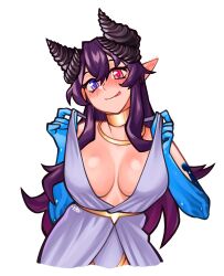 1girls 2022 blue_eye blush commission demon_horns dress dress_lift female female_only heavy_blush heterochromia horns indie_virtual_youtuber inner_sideboob kaito_artist kizanari_kiiyu licking_lips light-skinned_female light_skin looking_at_viewer pointy_ears red_eye smiling smiling_at_viewer solo very_high_resolution virtual_youtuber voluptuous white_background