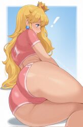 ! 1girls ass big_ass big_butt blonde_hair blue_background blush earrings female female_only mandytsune mario_(series) mario_strikers nintendo pink_shorts princess princess_peach short_shorts shorts simple_background solo thick_ass thick_butt white_border white_skin