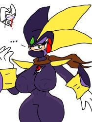 ... 1boy 1girls artist_request bass_(mega_man) bass_cross_megaman big_breasts brown_scarf embarrassed huge_thighs latex_mask latex_suit mega_man mega_man_battle_network megaman.exe nose_bleed rockman rockman_exe rule_63 tagme watching white_background