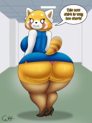 absurd_res aggressive_retsuko ailurid anthro ass big_ass big_butt blush breasts clothed clothing digital_media_(artwork) english_text female footwear fur hi_res high_heels huge_ass huge_butt looking_at_viewer looking_back mammal red_panda retsuko sanrio skunkdude13 smooth_fur solo text