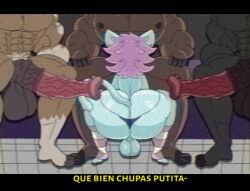 bottom_heavy femboy furry furu_flami furu_ice horse horsecock huge_ass male/male oral_sex spanish_dialogue stockings thong vhs_filter yaoi