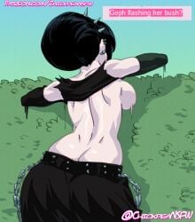 2023 4chan ass avatar_the_last_airbender belt black_hair blue_background breasts bush bushes chickpea colored facing_away female female_focus female_only flashing goph goth goth_girl nickelodeon outside pale_skin spiked_belt spiked_hairband toph_bei_fong