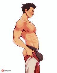 1boy abs avatar_legends biceps big_bulge bulge embarrassed huge_bulge jockstrap mako male male_only manlyhand muscles muscular muscular_male nickelodeon pecs pulling_up_pants shirtless_male shy smooth_chest smooth_skin the_legend_of_korra