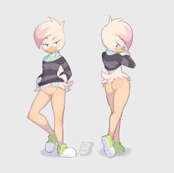 1girls anthro ass beak bluebreed bottomless butt butt_crack duck ducktales ducktales_(2017) feathers full_body furry lena_de_spell sneakers striped_clothing vagina