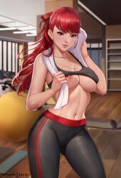 1girls 2d artist_name atlus breasts exlic exposed_breasts female female_only gym indoors inside jpeg kasumi_yoshizawa large_breasts light-skinned_female light_skin nipple_slip nipples pale-skinned_female pale_skin persona persona_5 persona_5_royal pink_nipples red_eyes red_hair solo sports_bra sports_bra_lift sumire_yoshizawa sweat sweatdrop sweating tight_clothing watermark workout workout_clothes yoga_pants