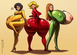 alex_(totally_spies) ass_bigger_than_breasts ass_expansion ass_size_difference ass_vs_breasts belly_expansion bottom_heavy breast_expansion breast_size_difference breasts breasts_bigger_than_ass breasts_out clover_(totally_spies) embarrassed exposed_breasts giant_nipples huge_ass huge_breasts latex_suit sam_(totally_spies) size_comparison small_breasts tagme tail-blazer thick_thighs top_heavy totally_spies