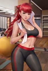 1girls 2d artist_name atlus blurred_background blurry_background breasts cleavage clothed clothing exlic female female_focus female_only gym indoors inside kasumi_yoshizawa light-skinned_female light_skin long_hair navel nsfw_version_available pale-skinned_female pale_skin persona persona_5 persona_5_royal red_eyes red_hair sfw sports_bra sumire_yoshizawa sweat sweatdrop sweating tight_clothing watermark workout workout_clothes yoga_pants