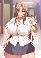 1girls anko_nekura blackmail blonde_hair cleavage huge_breasts korotsuke looking_at_viewer nude_photo reika_akutsu school_uniform schoolgirl skirt smartphone solo solo_female the_creepy_glasses_girl thick_thighs tsundere