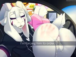 2023 2boys anthro asriel_dreemurr asriel_dreemurr_(god_form) ass balls bodily_fluids bottomless bovid caprine car clothed clothing cum cum_in_ass cum_inside deltarune desertkaiju digital_media_(artwork) duo eyewear femboy floppy_ears fur gay genital_fluids genitals glasses goat he_wants_to_order hi_res horn male male_only mammal meme ralsei shirt spank_marks topwear undertale undertale_(series) vehicle white_body white_fur yaoi