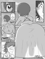 1boy 1futa alternate_version_at_source animated ass_focus back back_view balls bent_over big_penis bleach clothed clothing coffeetheseeker dialogue elotch_brown_(coffeetheseeker) english_text flaccid full-package_futanari futa_focus futanari human inviting kuchiki_rukia looking_at_viewer looking_back male mostly_clothed nude original_character penis penis_under_clothes silhouetted_penis solo_focus sundress swinging_penis text twerking